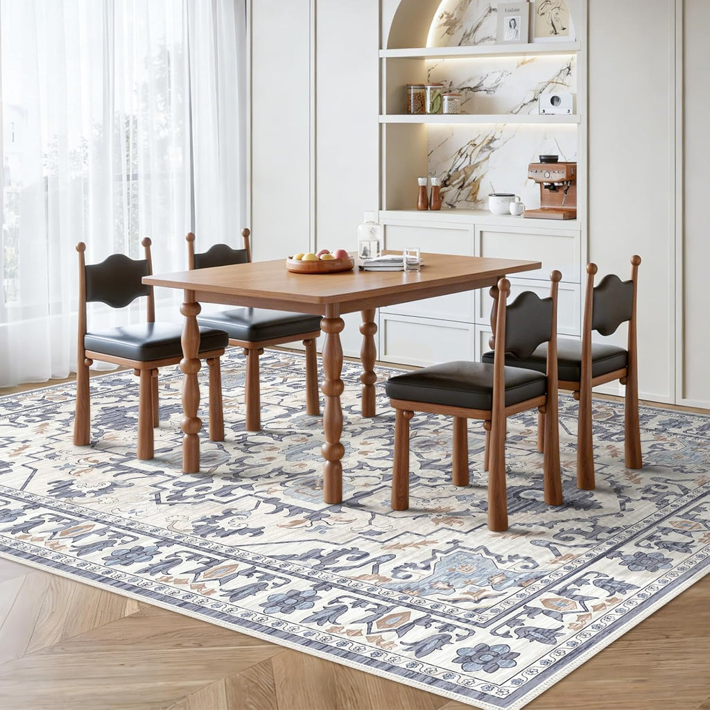 DUMOS 9x12 FT Large Area Rug for Living Room, Machine Washable Low-Pile Rug with Non-Slip Backing, Durable Edge Binding for Dining Room, Bedroom, Vintage Blue