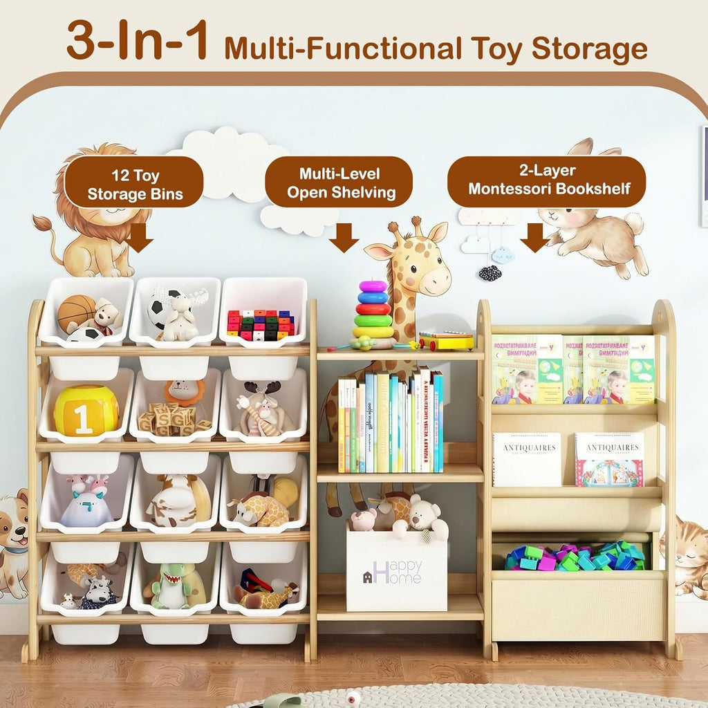 Toy Storage Organizer with 3 Shelves and 12 Bins, 2-Tier Bookshelf/Bookcase with Storage Box, Kids Bin Shelf, Toys Box for Bedroom, Playroom, Organization Room Decor, White