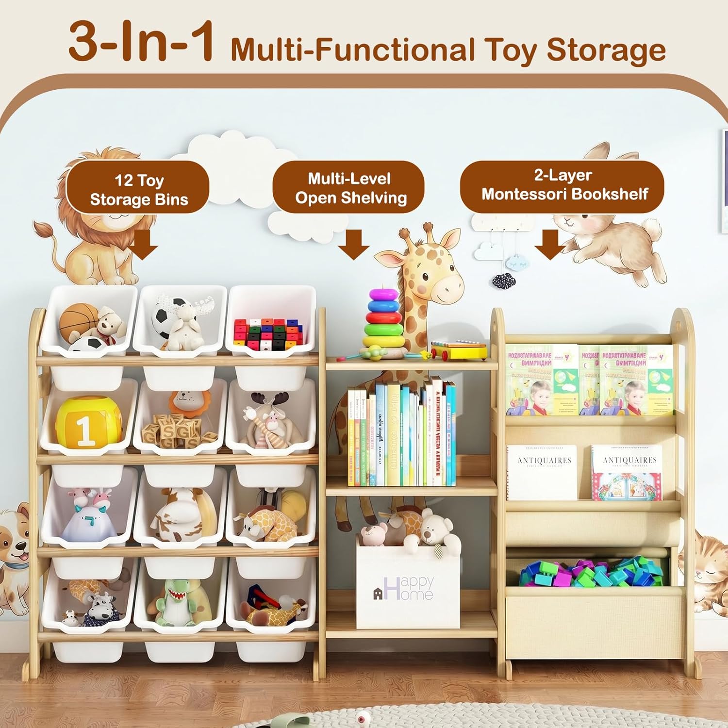 Toy Storage Organizer with 3 Shelves and 12 Bins, 2-Tier Bookshelf/Bookcase with Storage Box, Kids Bin Shelf, Toys Box for Bedroom, Playroom, Organization Room Decor, White