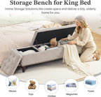 55 Inch Storage Bench for Bedroom, Tufted Upholstered Ottoman with 2 Compartments and Wood Legs, Rectangular End of Bed Bench for King or Queen Size Bed, Light Grey Fabric