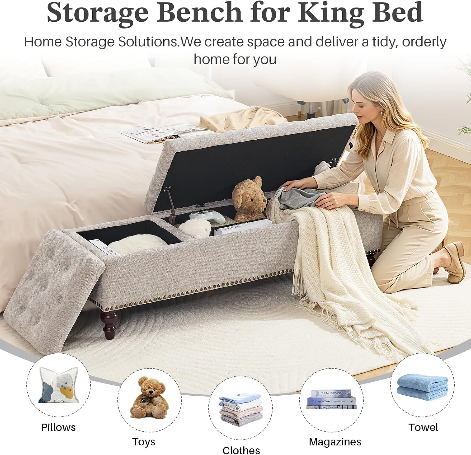 55 Inch Storage Bench for Bedroom, Tufted Upholstered Ottoman with 2 Compartments and Wood Legs, Rectangular End of Bed Bench for King or Queen Size Bed, Light Grey Fabric