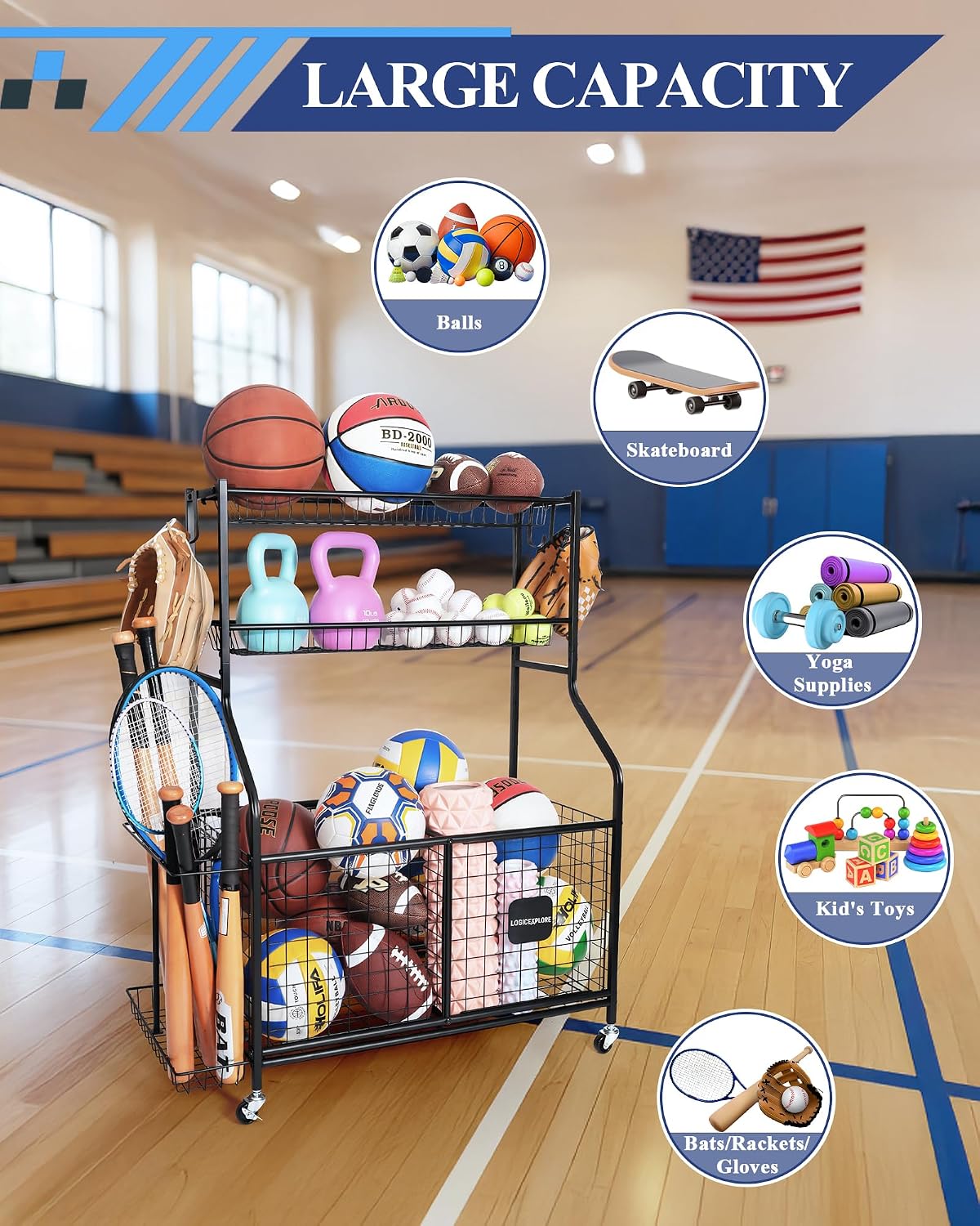 Sports Equipment Storage Organizer Rack with Rolling Wheels, Garage Ball Storage Cart for Basketball, Soccer, Baseball, Heavy-Duty Metal Sports Rack for Garage, Home, School Gym