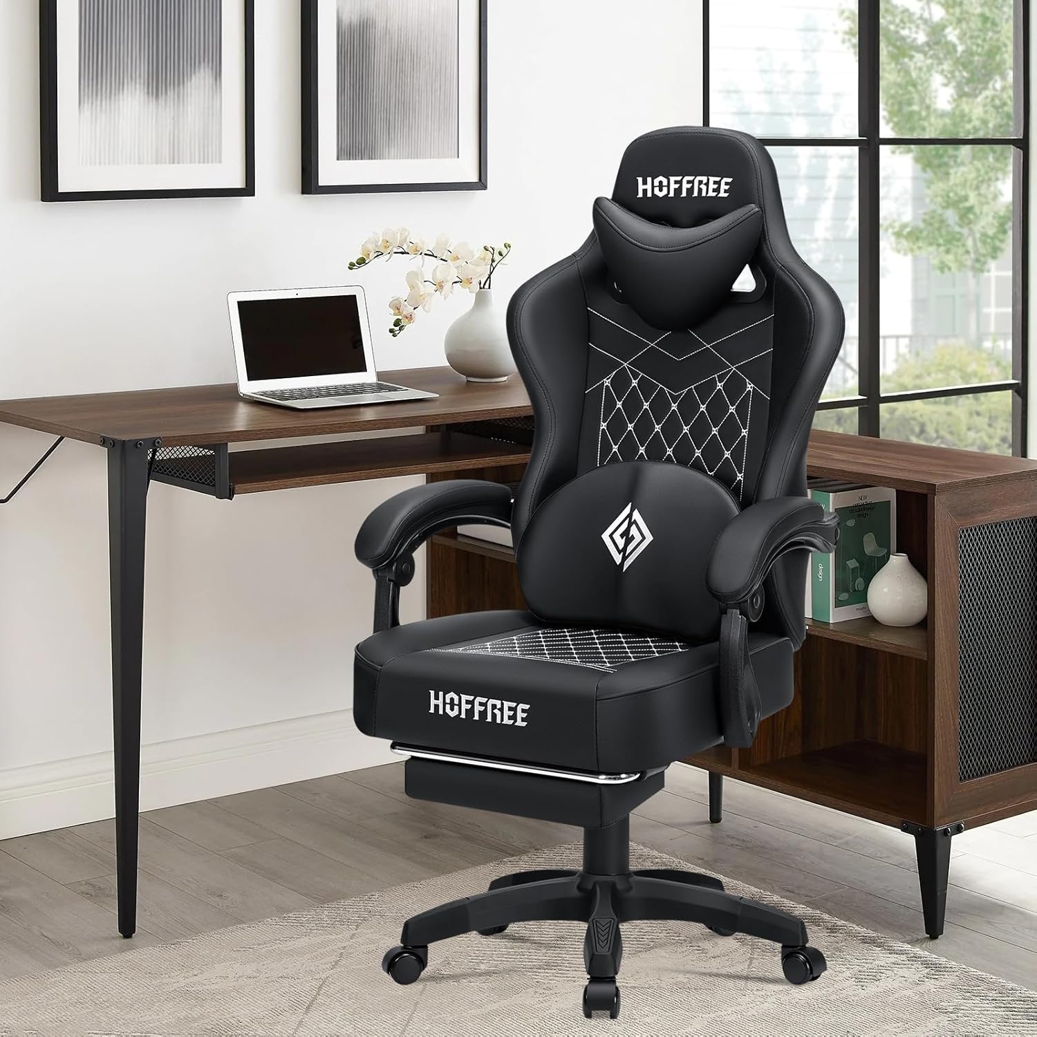 HOFFREE Gaming Chair with Speakers Massage Computer Gaming Chairs for Adults Reclining Bluetooth Game Chairs with Pocket Spring Cushion Video Game Chair with Footrest Computer Office Desk Chair Black