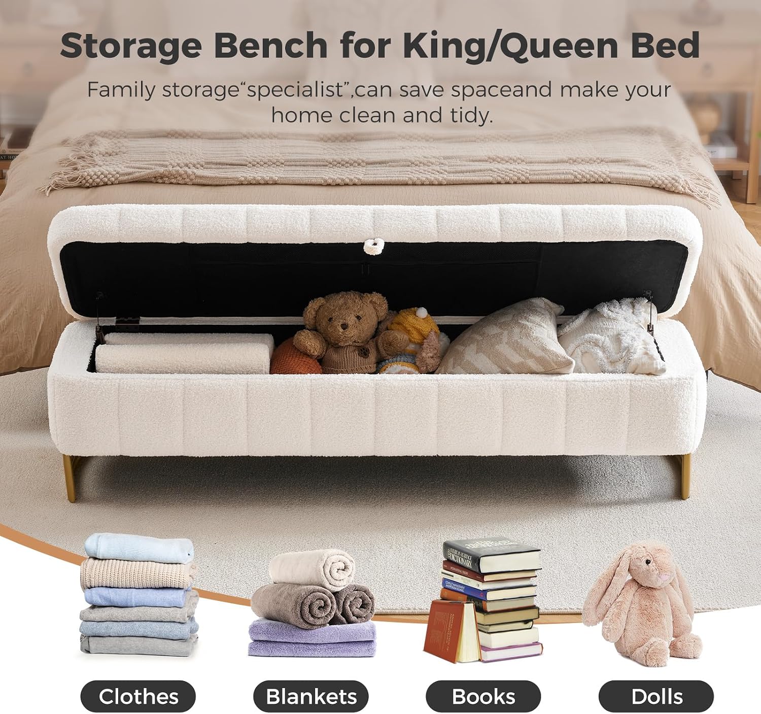End of Bed Bench with Storage, 63" Storage Bench for Bedroom King Size Bed, Storage Ottoman Bench with Golden Metal Legs, Bedroom Benches for Entryway Hallway, Teddy Cream White
