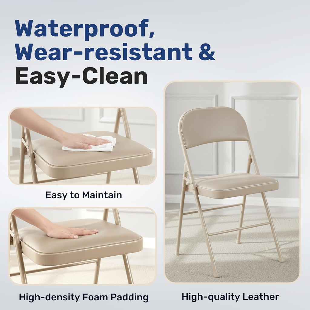 Simple Deluxe Dining Chairs Set of 2, Leather Cushion Foldable Contemporary Kitchen Side Chair with Padded Back & Sturdy Metal Legs, Upholstered Seat for Home/Living Room/Bedroom/Cafe, Tan