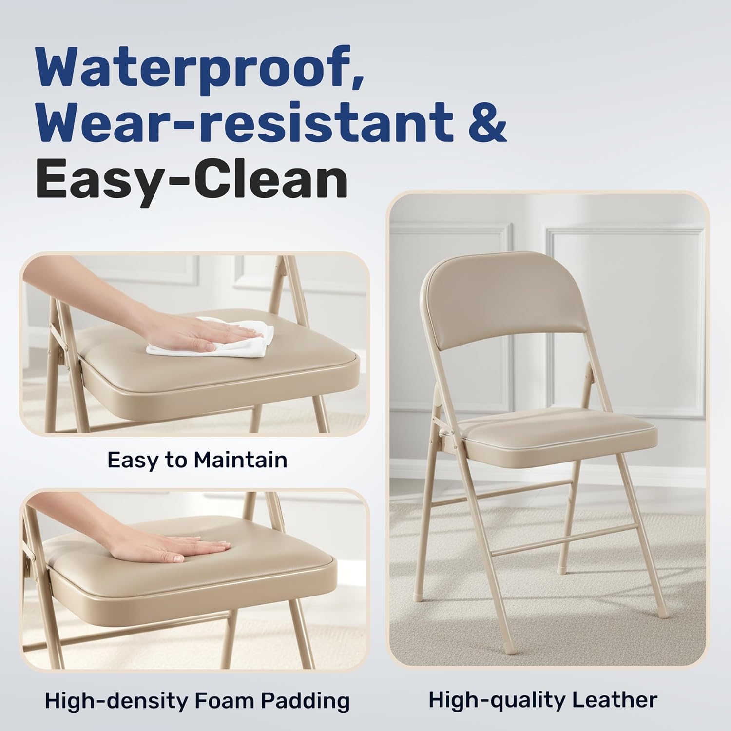 Simple Deluxe Dining Chairs Set of 2, Leather Cushion Foldable Contemporary Kitchen Side Chair with Padded Back & Sturdy Metal Legs, Upholstered Seat for Home/Living Room/Bedroom/Cafe, Tan