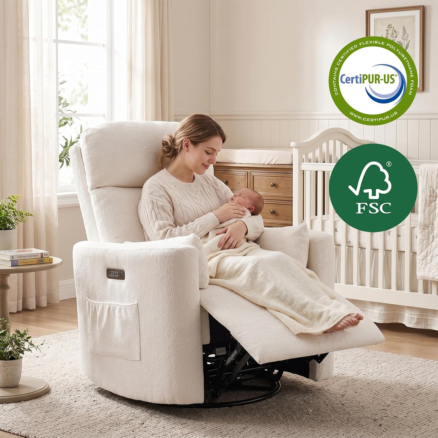 Oversized Power Recliner with Massage and Heat, Swivel Rocker Recliner with Adjustable Headrest, Glider Recliner Nursery Chair with 2 Pillows, rocking nursery recliner for Living Room,Chenille White