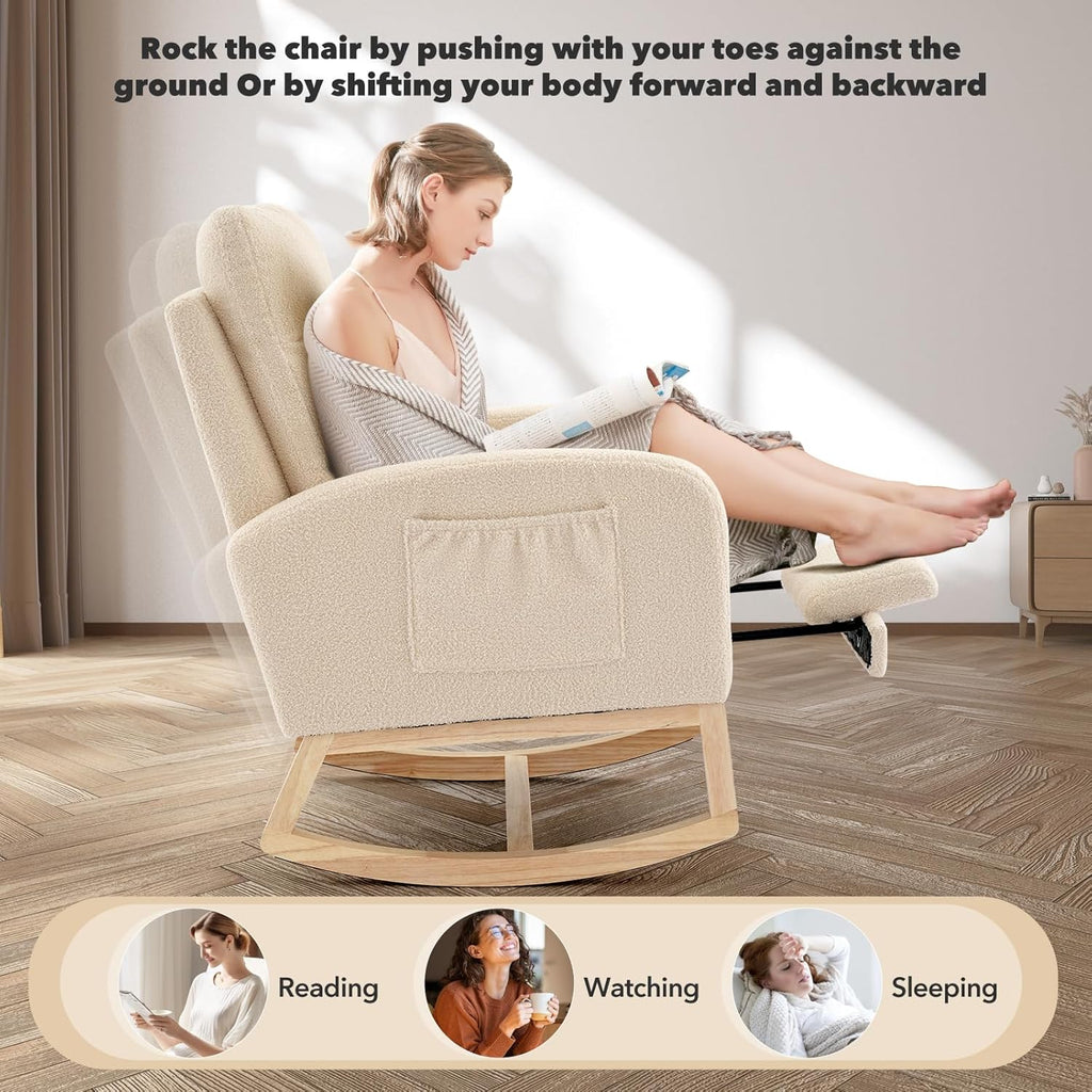 GarveeLife Nursery Rocking Chair,300lb Glider Chair with Solid Wood Legs/Two Side Pockets,Teddy Upholstered Glider Rocker with Footrest High Backrest for Living Room/Bedroom/Nursery