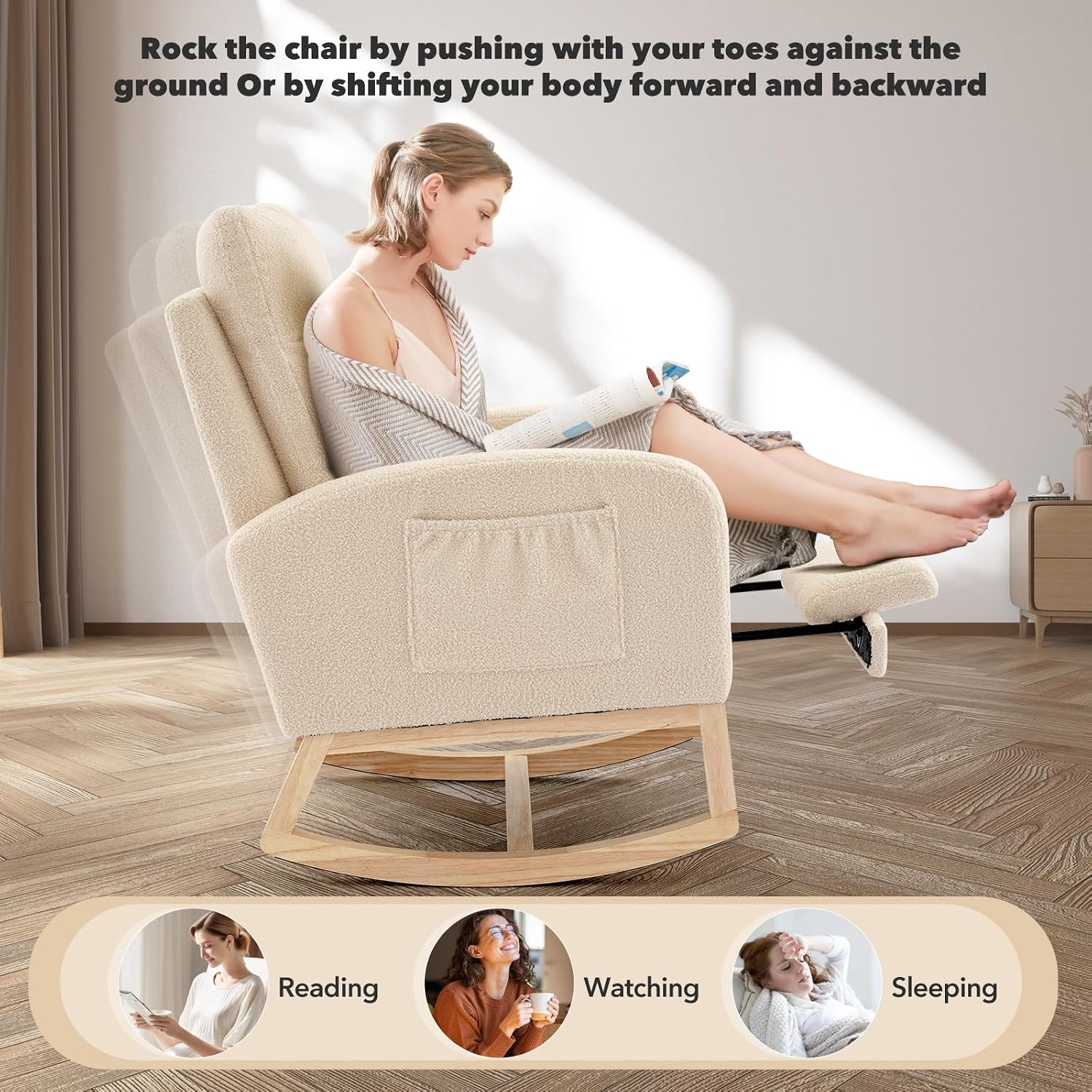 Rocking Chair Nursery, Nursing Rocking Chairs with Foot Rest for Mom Nursery,Rocker Glider Chair with High Backrest for Living Room, Bedroom, Upholstered Lounge Chair with Solid Wood Base for Relaxin