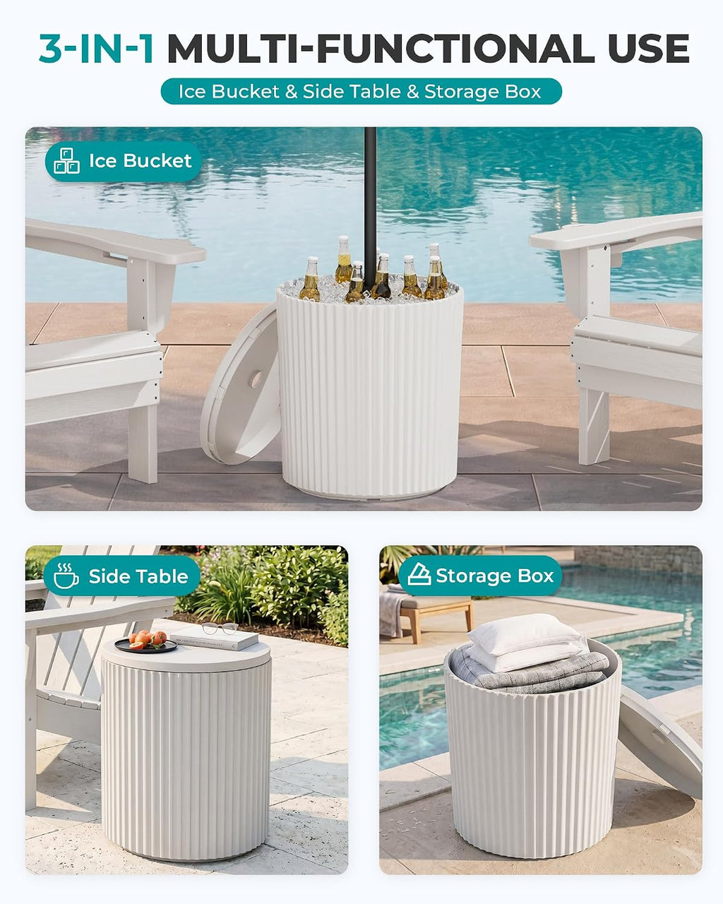 SERWALL Outdoor Round Umbrella Side Table, Multi-Functional Use, Beige