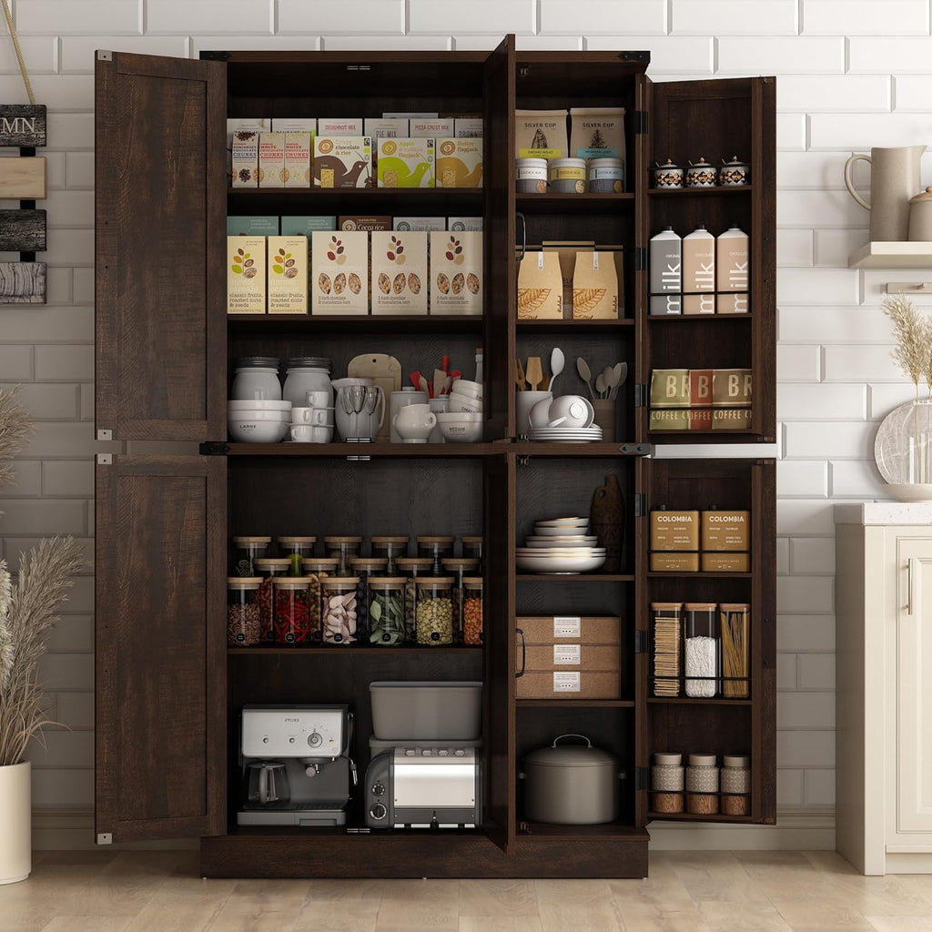 Hlivelood 71" Tall Kitchen Pantry,Farmhouse Storage Cabinet with Barn Doors,Organizer,Rustic Wood Cupboard,Farmhouse Pantry Cabinet for Kitchen,Dining Room,Living Room(Brown)