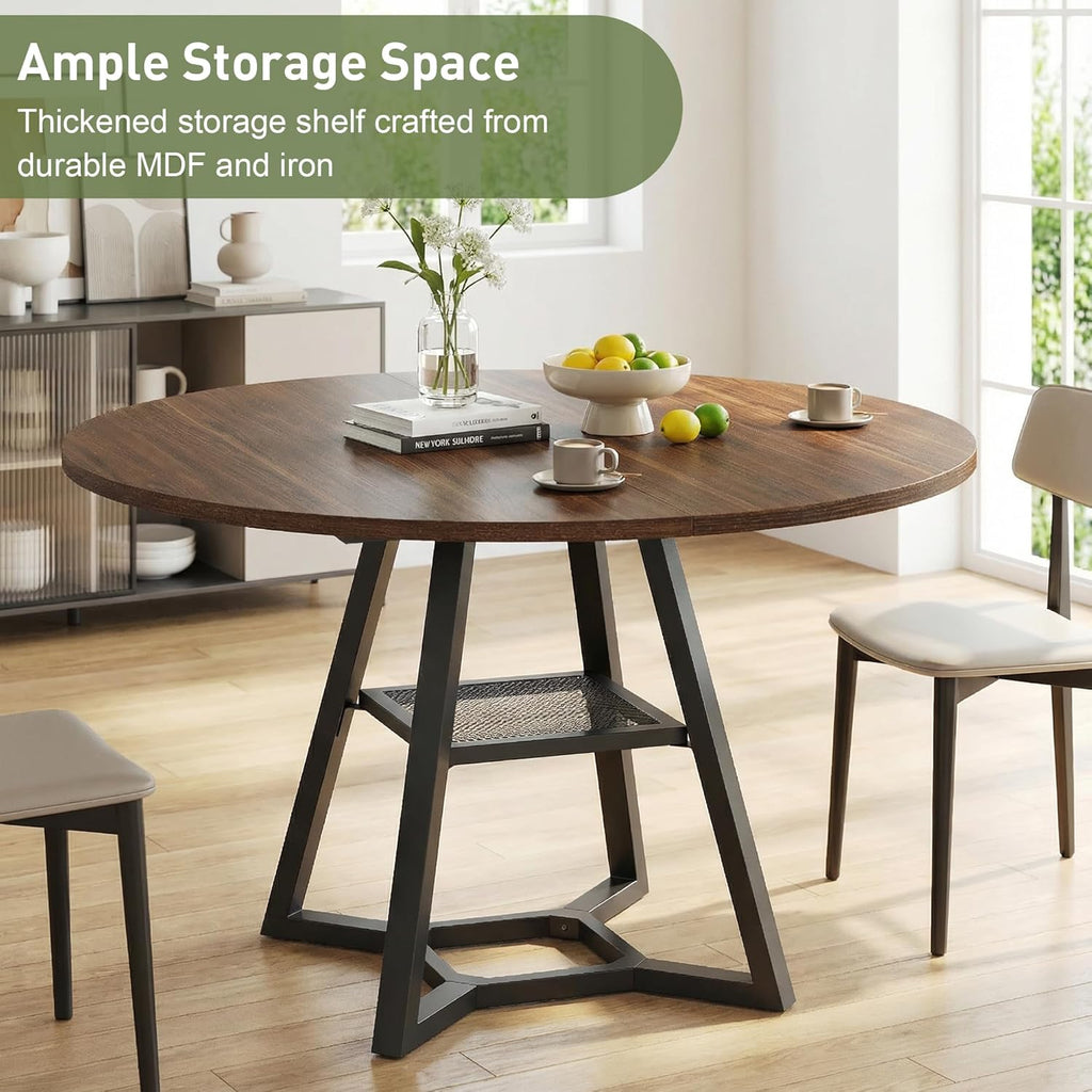 knoworld Round Dining Table for 4-6 with Storage Shelf, Kitchen & Dining Room Circle Pedestal Table, Heavy Duty Metal Frame & Wood Top
