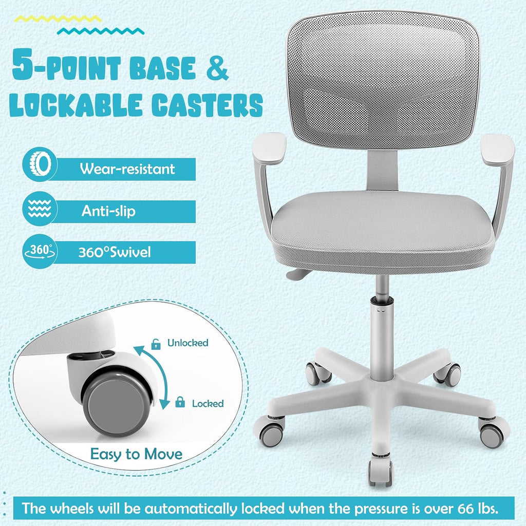 Kids Desk Chair, Height Adjustable Children Study Chair w/Lumbar Support, Swivel Mesh Seat, Universal Casters, Ergonomic Kids Task Chair for Boys Girls Aged 3-10, Home, School, Office(Grey)