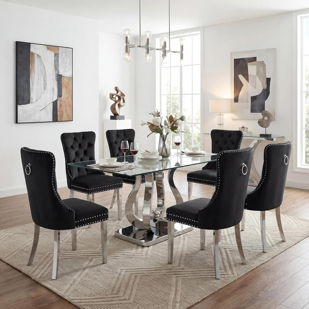 AF ARTISAN FURNITURE 69" Modern Tempered Glass Dining Table for 6-8, Rectangular Glass Kitchen Table with Mirror Stainless Steel Petal Base,Silver Dining Table for Dining Room, Apartment
