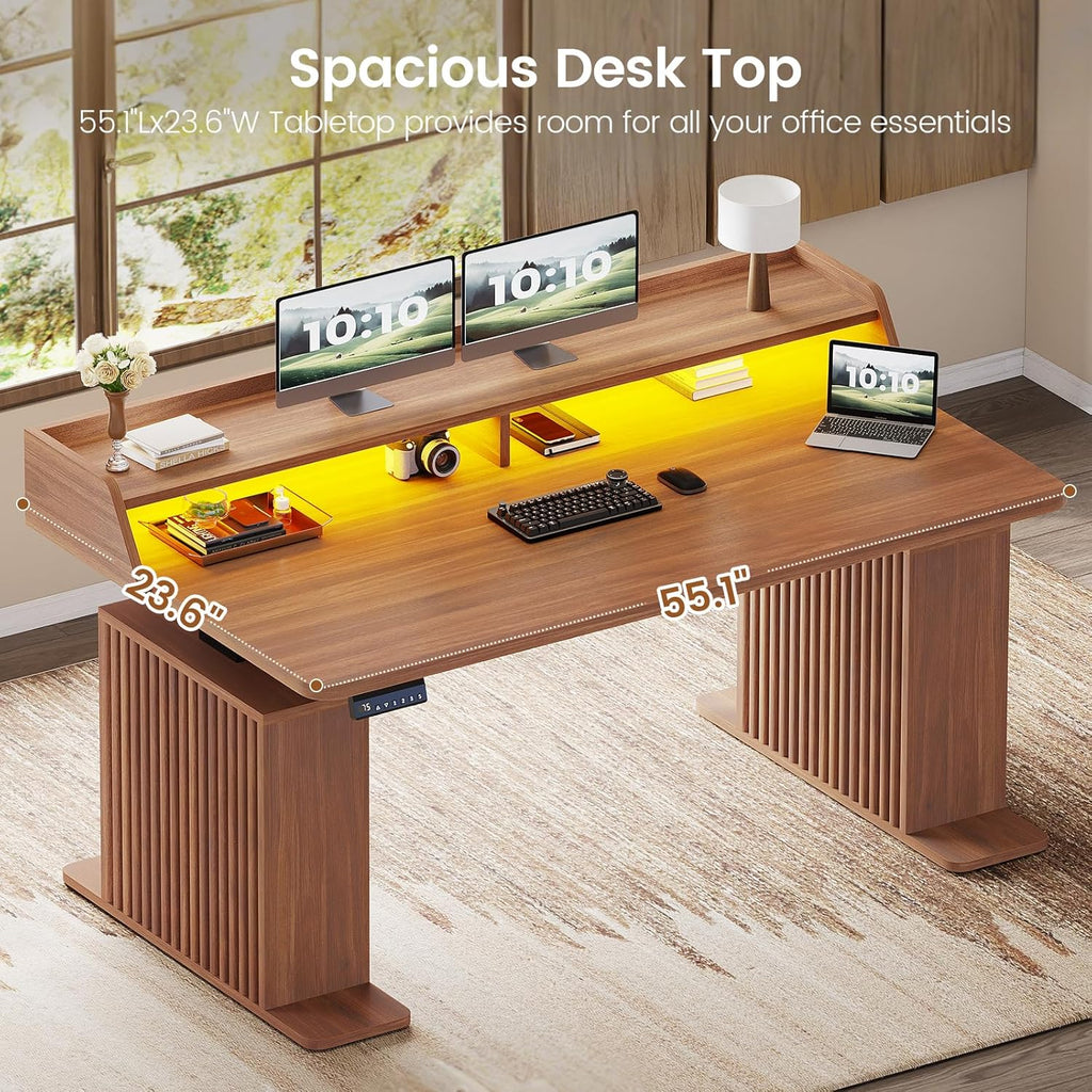SEDETA Standing Desk with Storage, 55" Fluted Stand Up Desk with Power Outlets and LED Lights, Height-Adjustable Table with Monitor Shelf for Home Office & Gaming, Brown