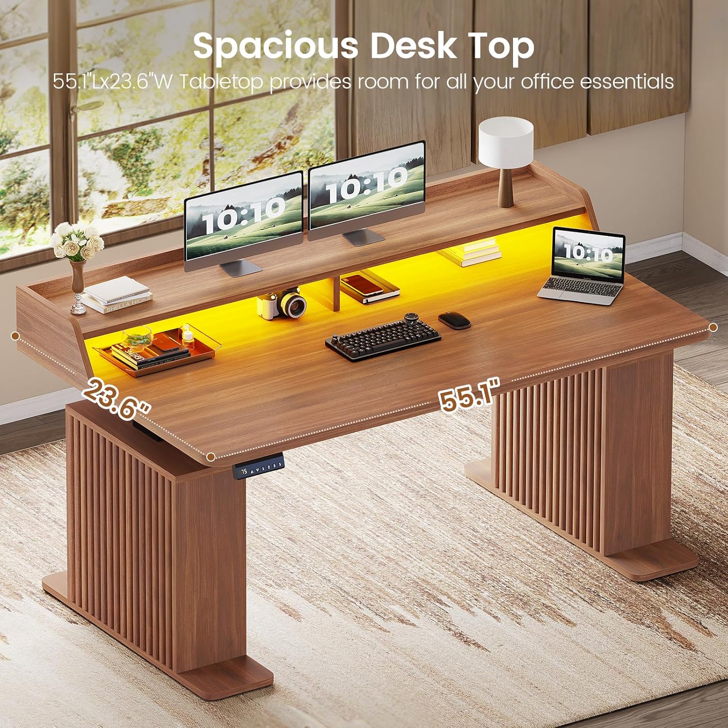 SEDETA Standing Desk with Storage, 55" Fluted Stand Up Desk with Power Outlets and LED Lights, Height-Adjustable Table with Monitor Shelf for Home Office & Gaming, Brown