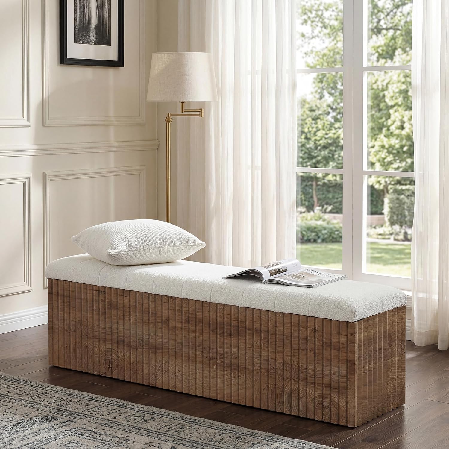 LITTLE TREE Upholstered End of Bed Storage Bench, 63" Farmhouse Wooden Entryway Bench with Cushion, Padded Ottoman with Shoe Storage for Bedroom, Living Room, Hallway, Window, Foot of Bed