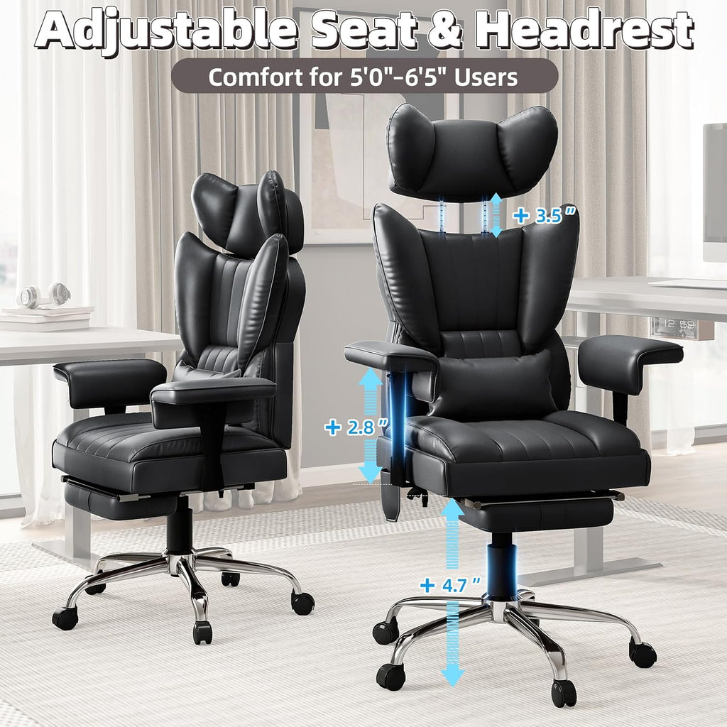 6 Points Massage Office Chair with Foot Rest - 400LBS Executive Office Chair with Adjustable Headrest, Armrest and Lumbar Pillow, Comfortable Leather Desk Chair for Home Office, Black