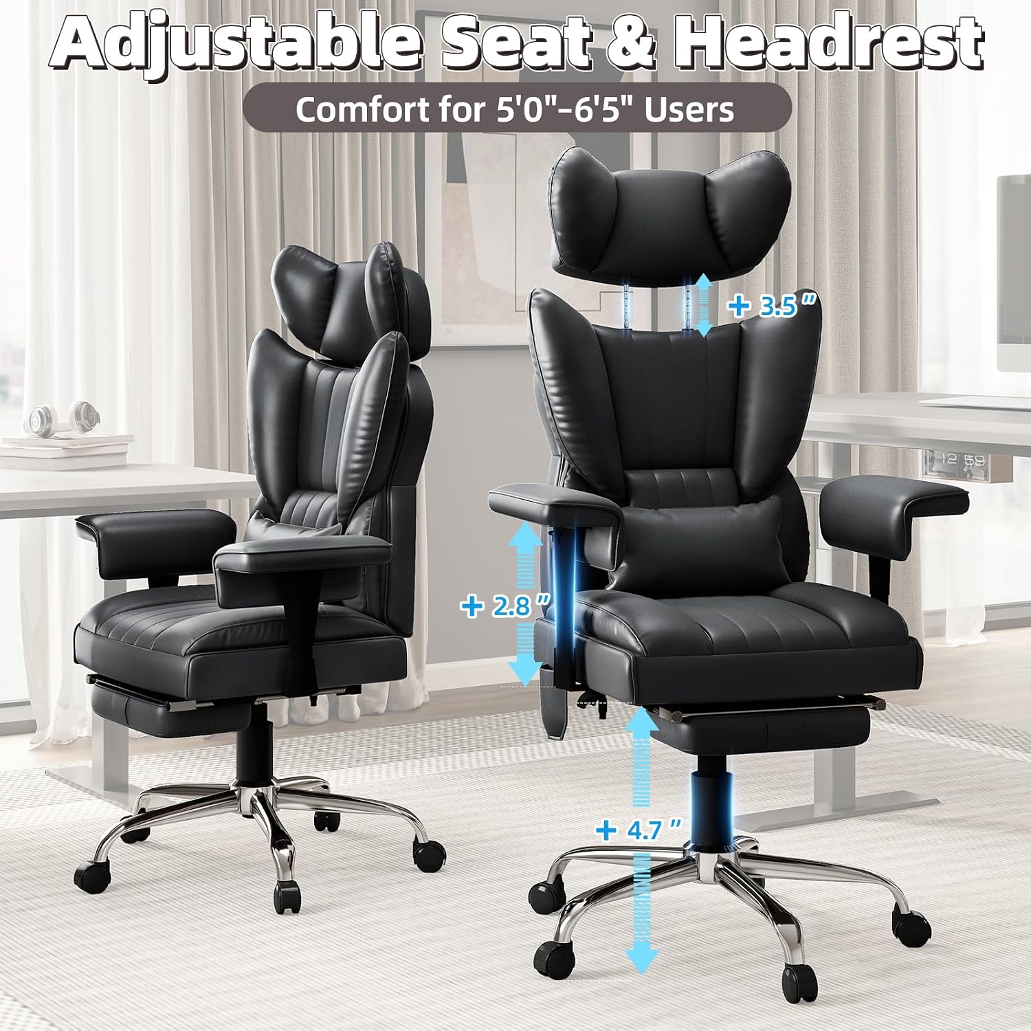 6 Points Massage Office Chair with Foot Rest - 400LBS Executive Office Chair with Adjustable Headrest, Armrest and Lumbar Pillow, Comfortable Leather Desk Chair for Home Office, Black