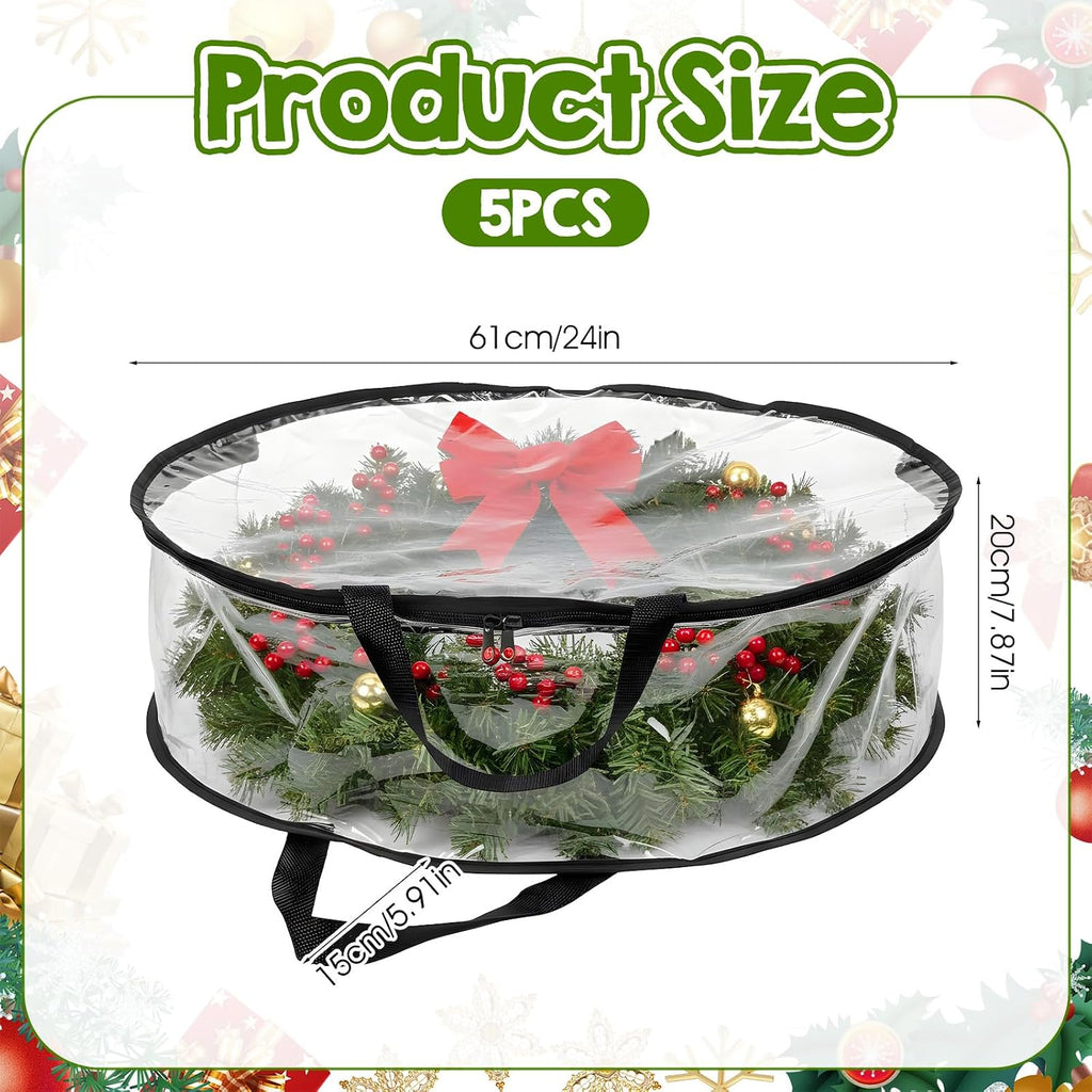 5 Pcs Wreath Storage Container, 24 x 8 Inch Clear Wreath Storage Bag with Handles Waterproof Christmas Garland Storage Holder for Xmas Seasonal