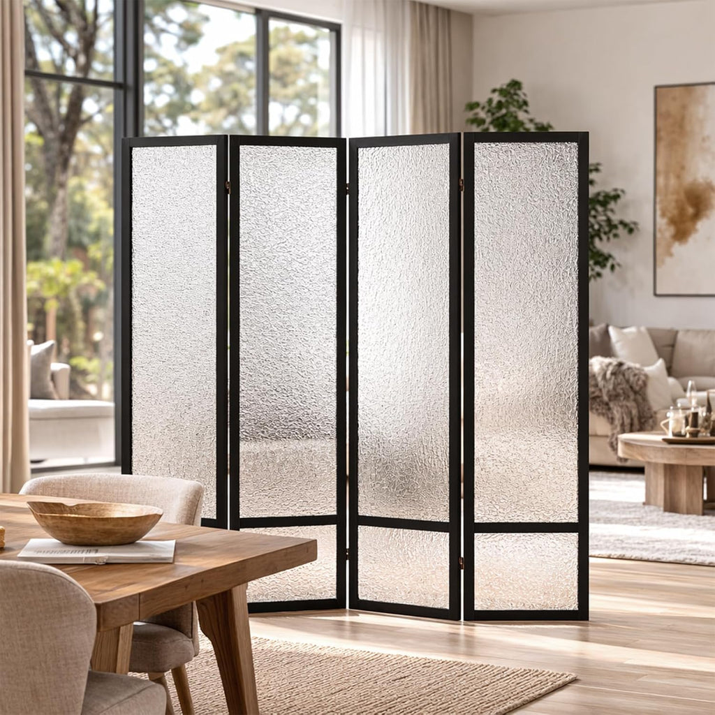 Acrylic Room Divider Panel, 67"x63" Translucent Partition Wall Divider for Room Separation, 4 Panel Freestanding Folding Privacy Screen with Black Wood Frame for Home Office & Loft