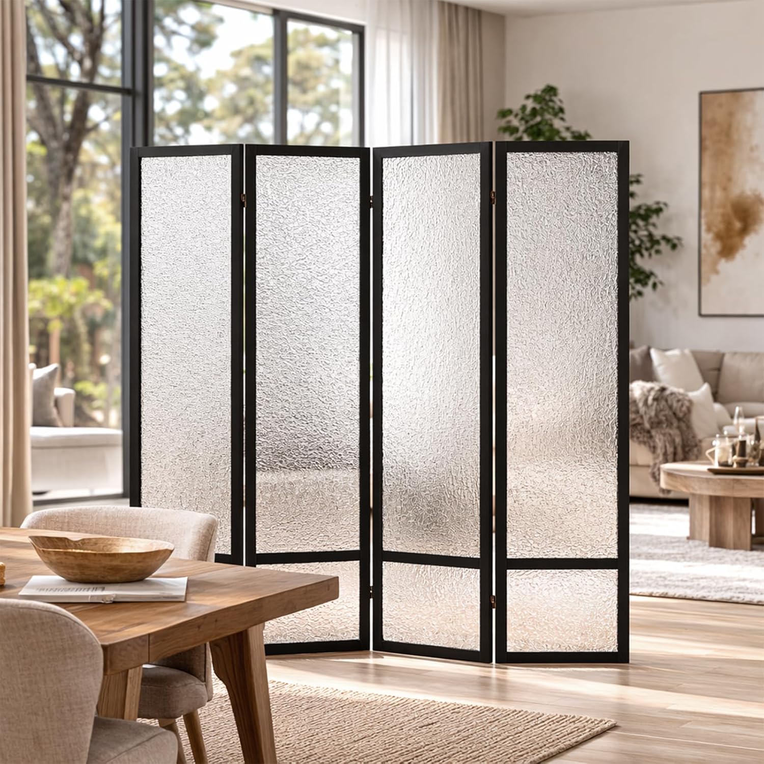 Acrylic Room Divider Panel, 67"x63" Translucent Partition Wall Divider for Room Separation, 4 Panel Freestanding Folding Privacy Screen with Black Wood Frame for Home Office & Loft