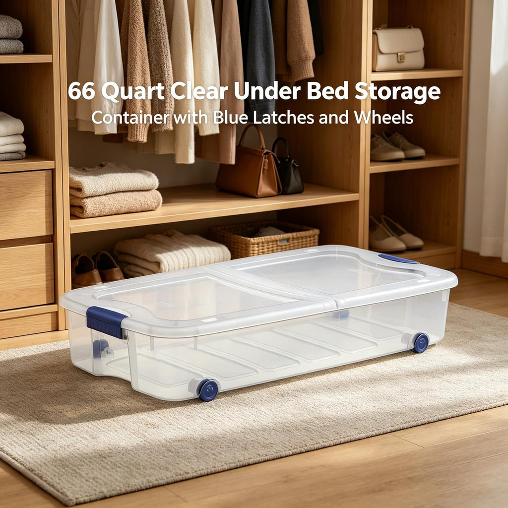 66 Quart Clear Plastic Underbed Storage Bin with Latching Lid and Wheels, Stackable Container, Blue