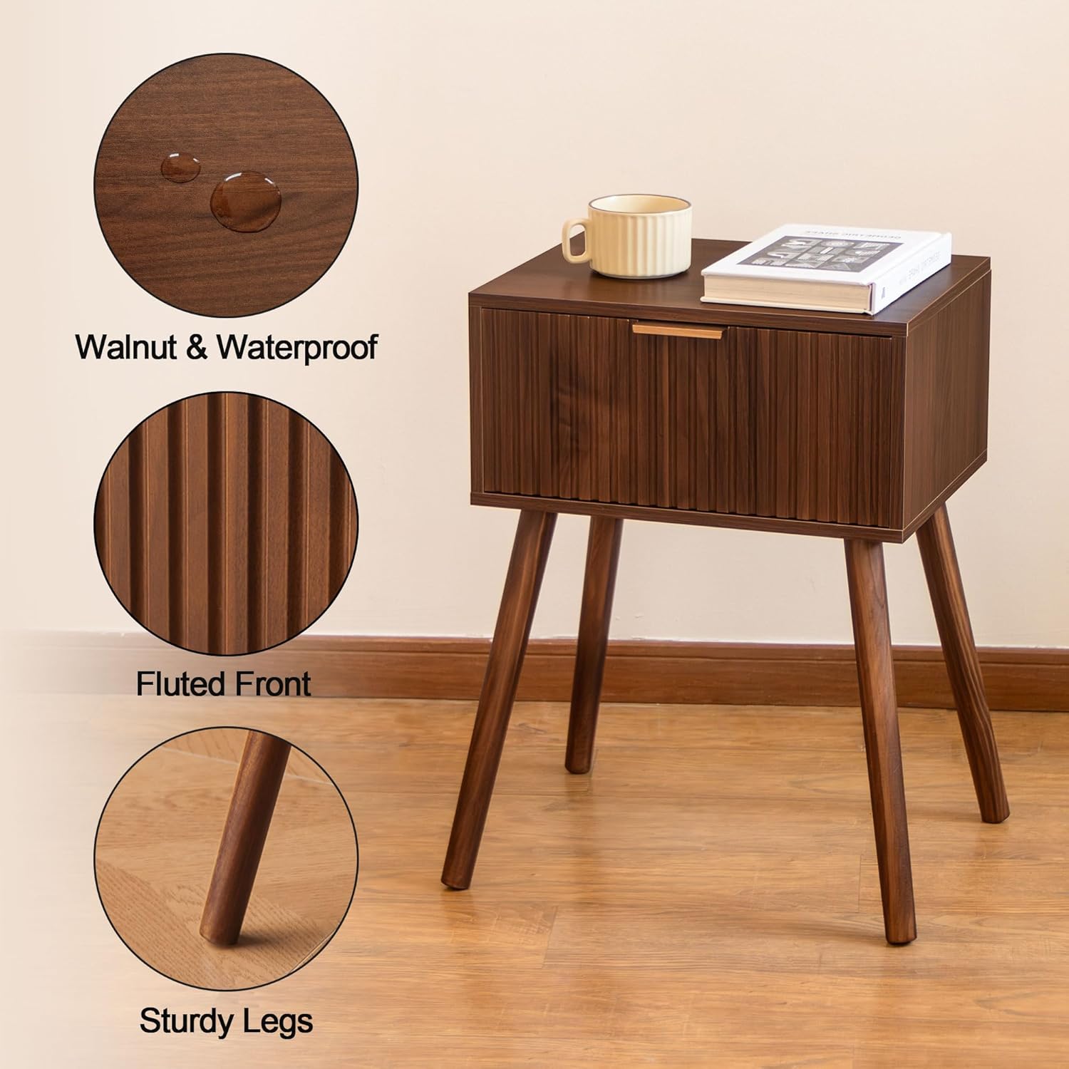 AWASEN Night Stand, Small End Tables Living Room, Mid Century Modern Nightstand Accent Bedside Table with Fluted Drawer for Bedroom and Small Space, Walnut Brown