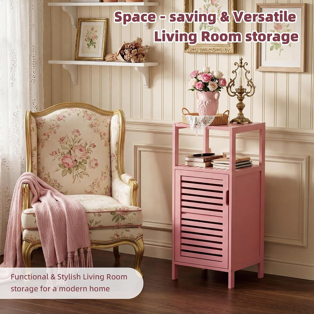 HITNET Small Bathroom Storage Cabinet, Bamboo Floor Cabinet Single Door, Freestanding Narrow Side Organizer for Living Room Hallway Entryway, Pink