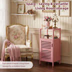 HITNET Small Bathroom Storage Cabinet, Bamboo Floor Cabinet Single Door, Freestanding Narrow Side Organizer for Living Room Hallway Entryway, Pink