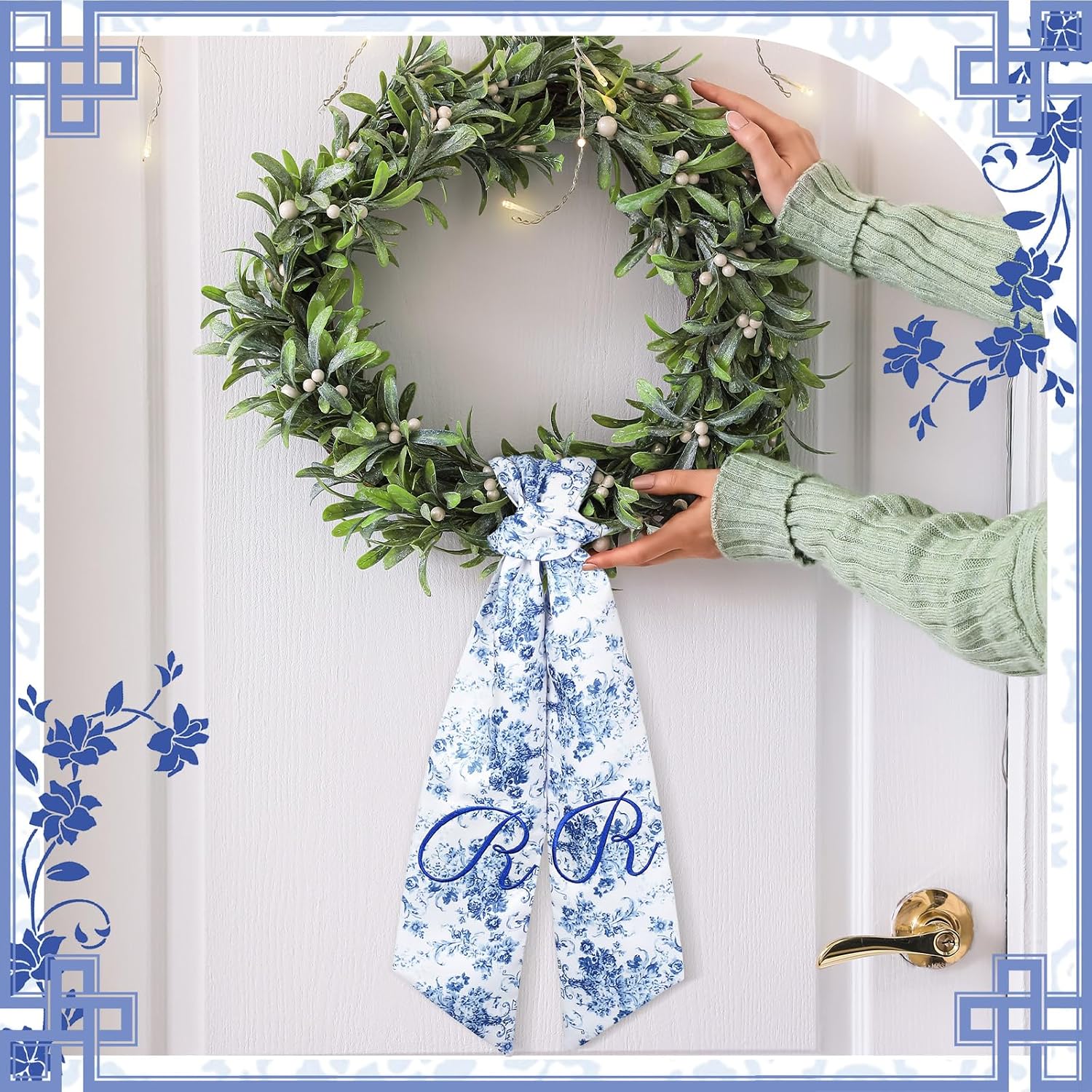 Mindsoft 2 Pcs Monogram Wreath Sashes for Front Door Letter R Embroidery Chinoiserie Wreath Sash 56.2 Inch Blue and White Door Decorations for Porch Yard Bridal Shower Housewarming Gift