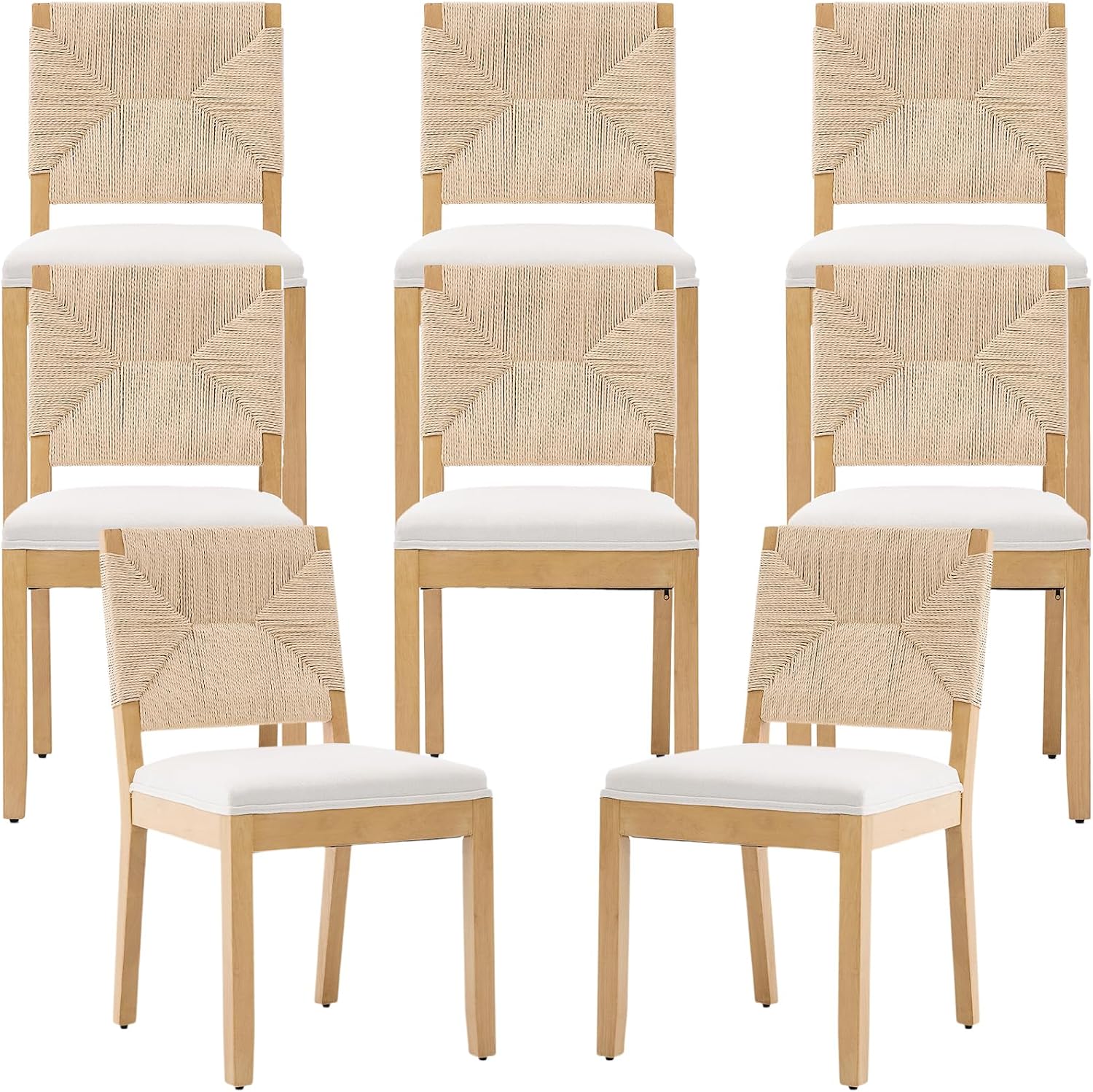 French Country Dining Chairs Set of 8, Beige Farmhouse Wood Dining Room Chairs, Woven Back Linen Upholstered Dining Chair, Solid Wood Legs, Boho Style Kitchen Chairs, Sillas de Comedor