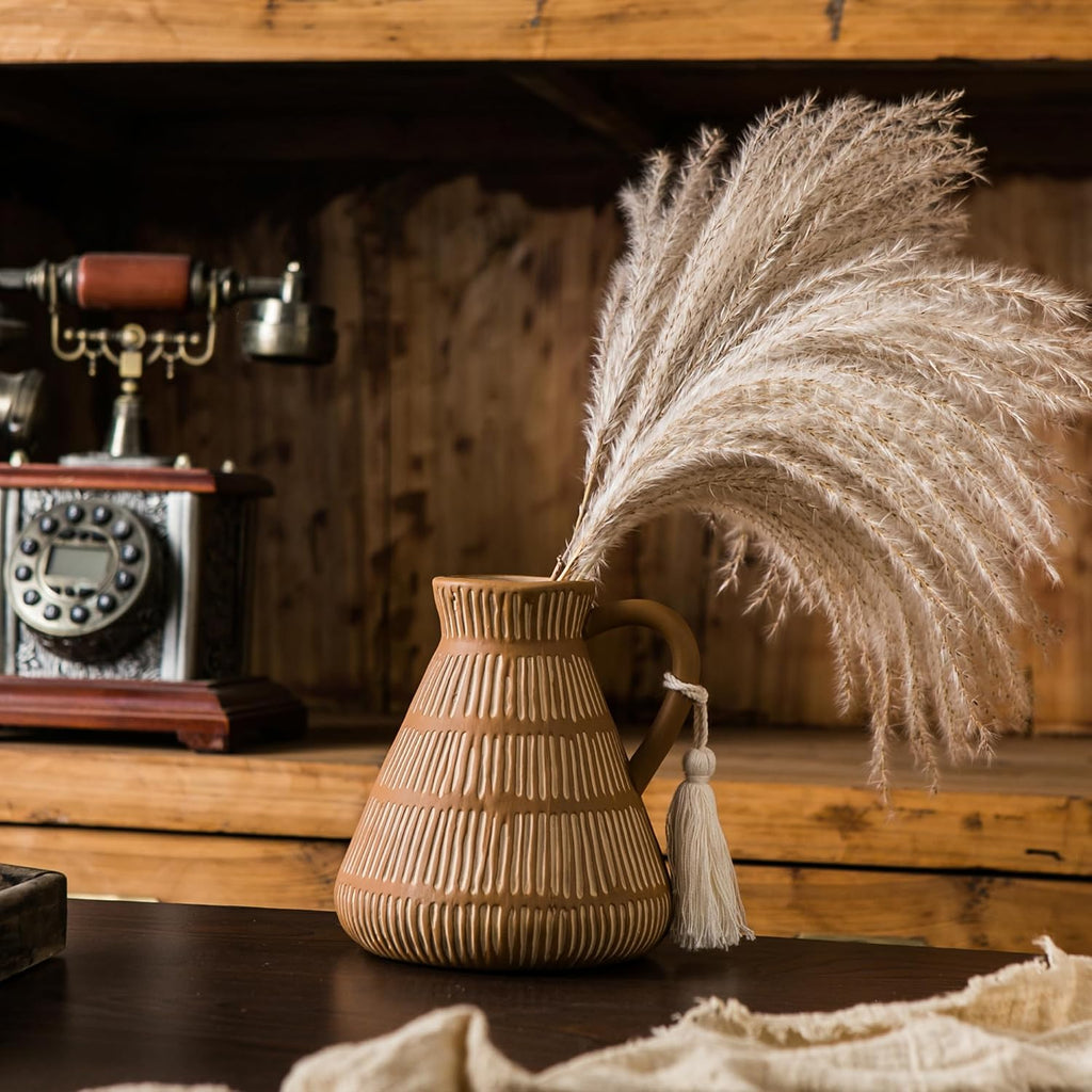 Mowtanco Rustic Farmhouse Vase with Handle and Tassel, Vertical Stripes Terracotta Pottery - Vintage Ceramic Clay for Home Décor, Shelf, Table, Bookshelf, Mantle, Entryway