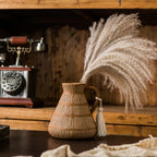 Mowtanco Rustic Farmhouse Vase with Handle and Tassel, Vertical Stripes Terracotta Pottery - Vintage Ceramic Clay for Home Décor, Shelf, Table, Bookshelf, Mantle, Entryway