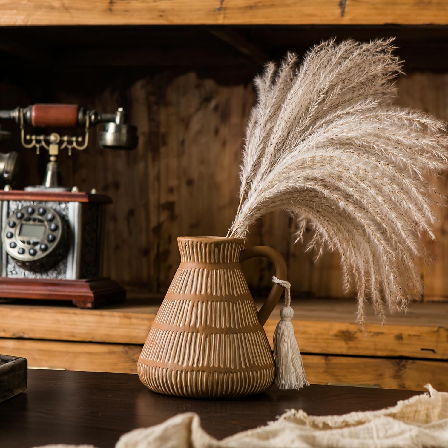 Mowtanco Rustic Farmhouse Vase with Handle and Tassel, Vertical Stripes Terracotta Pottery - Vintage Ceramic Clay for Home Décor, Shelf, Table, Bookshelf, Mantle, Entryway