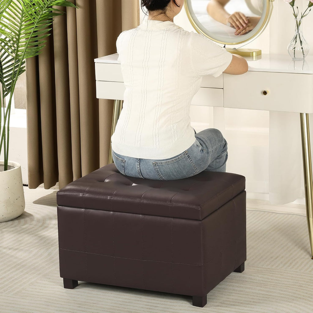 Asense 24-Inch Storage Ottoman Bench,Foot Stool Ottoman with Storage, Faux Leather Upholstered Foot Rest Seat with Safety Hinge,Wood Legs Stool for Living Room, Bedroom,Entryway,Chocolate Brown