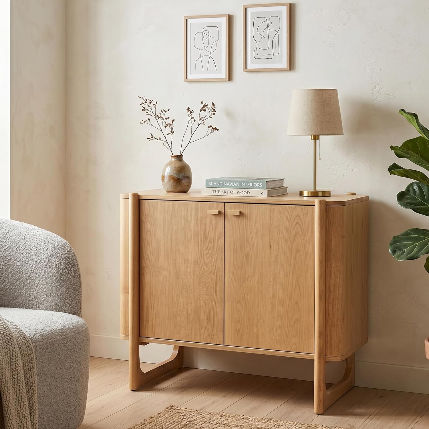 Apollo Mid-Century Modern Wooden Accent Cabinet, Buffet and Media Console, Storage Cabinet with Solid Wood Legs, Soft-Closed Hinges and Adjustable Shelves (Light Oak)