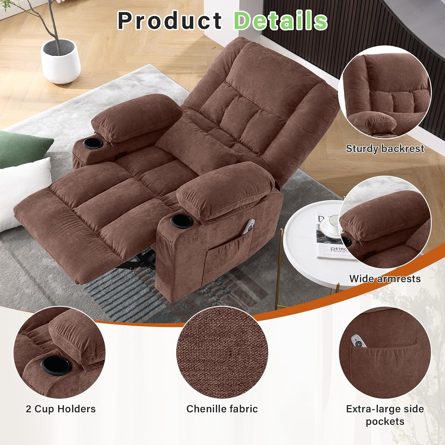 Oversized Swivel Rocker Recliner Chair for Adults, Manual Glider Recliner Sofa with Massage and Heat, Nursery Rocking Chair with Cup Holder and Side Pocket for Living Room