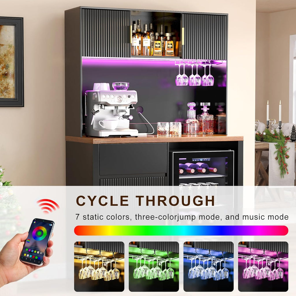 GDLF 72" Tall Bar Cabinet with Fridge Space, Fluted Coffee Liquor Hutch Cabinet with Storage, Tall Home Bar with LED Light & Power Outlet for Kitchen Dining Room or Living Area