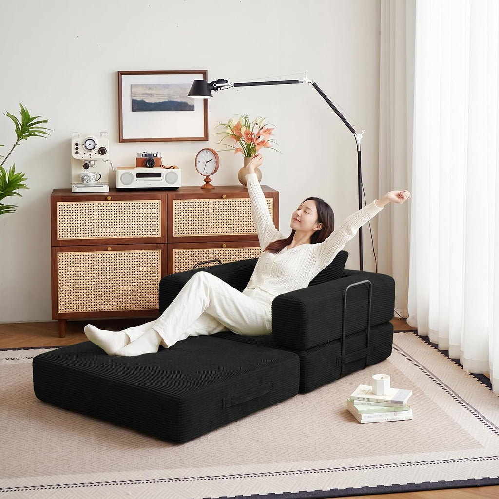 37.4in Convertible Sofa Bed, Corduroy Boneless Couch Bed, Futon Sleeper Sofa Pull Out Bed, Foldable Couch for Living Room Apartment, No Assembly Required