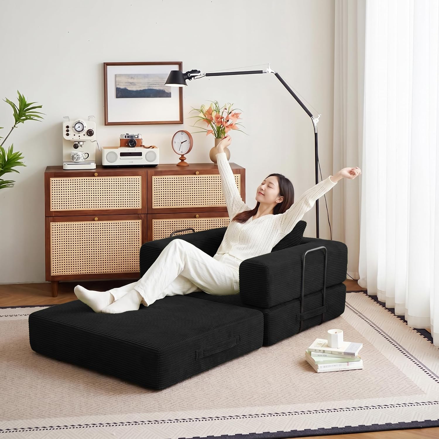 37.4in Convertible Sofa Bed, Corduroy Boneless Couch Bed, Futon Sleeper Sofa Pull Out Bed, Foldable Couch for Living Room Apartment, No Assembly Required