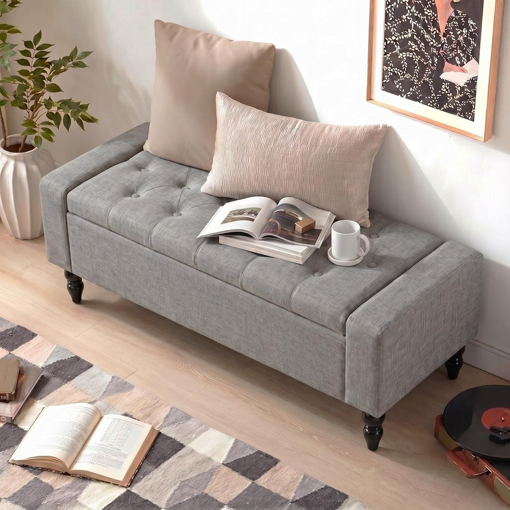 Storage Bench for End of Bed, 47 Inch Upholstered Storage Ottoman Bench with Removable Lid, Diamond Tufted Hidden Storage Bench for Bedroom, Entryway Bench with Solid Wood Legs, Gray