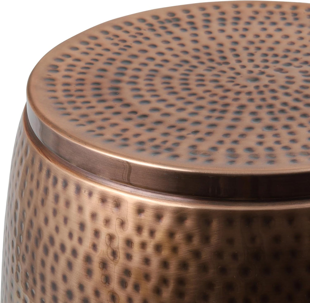 happimess SSL2000C Merida 19" Modern Rustic Hammered Metal Drum Storage Side Table with Lid, End Table for Decoration in Living Room, Bedroom, Bathroom, Antique Copper