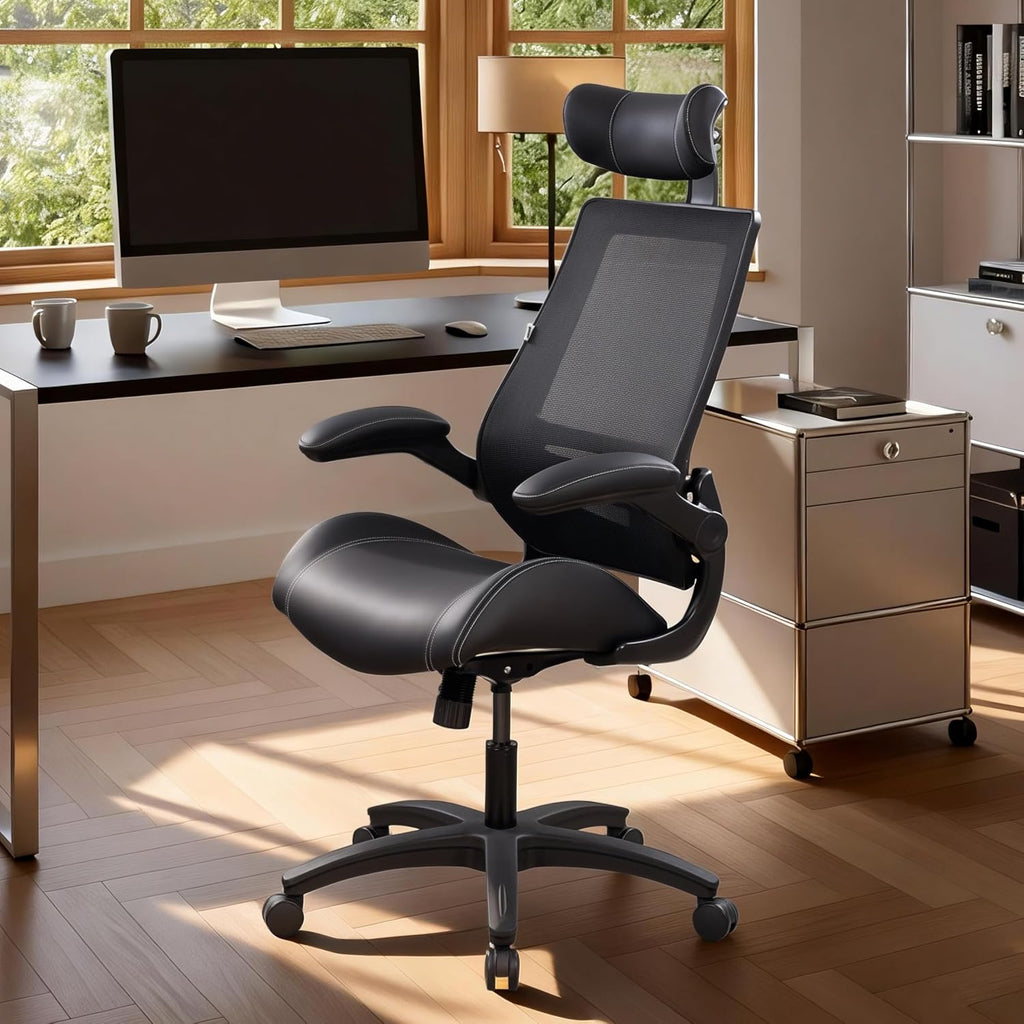 BOLISS Microleather 400lbs Office Chair High-Back Ergonomic Desk Chair with Extra-Thick High-Density Foam Seat, Adjustable Headrest, 90° Flip-Up Arms, and Rocking Tilt for Home & Office