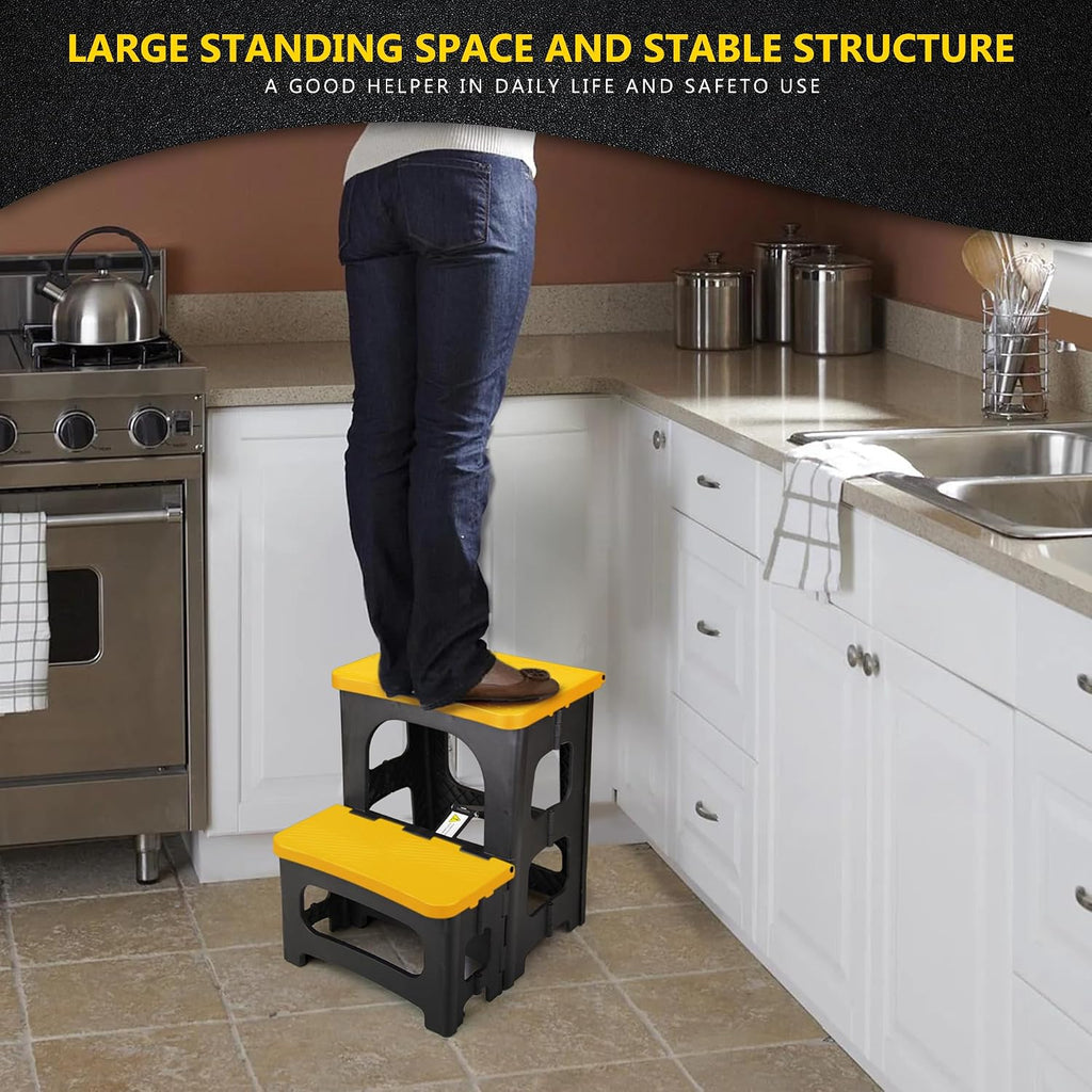 2 Step Folding Stool 250 lb Capacity Non Slip Foldable Step Stool 8 and 17 Inch Heavy Duty Portable Foot Stool for Kitchen Bathroom RV Yellow