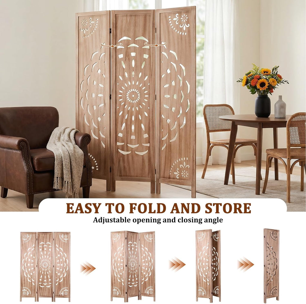 Boho Wood Carved Room Divider 3 Panel 67 Inch, Free Standing Privacy Screen with Anti-Slip Feet, Foldable Partition for Bedroom, Home Office, Headboard and Yoga Backdrop, Brown