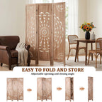 Boho Wood Carved Room Divider 3 Panel 67 Inch, Free Standing Privacy Screen with Anti-Slip Feet, Foldable Partition for Bedroom, Home Office, Headboard and Yoga Backdrop, Brown