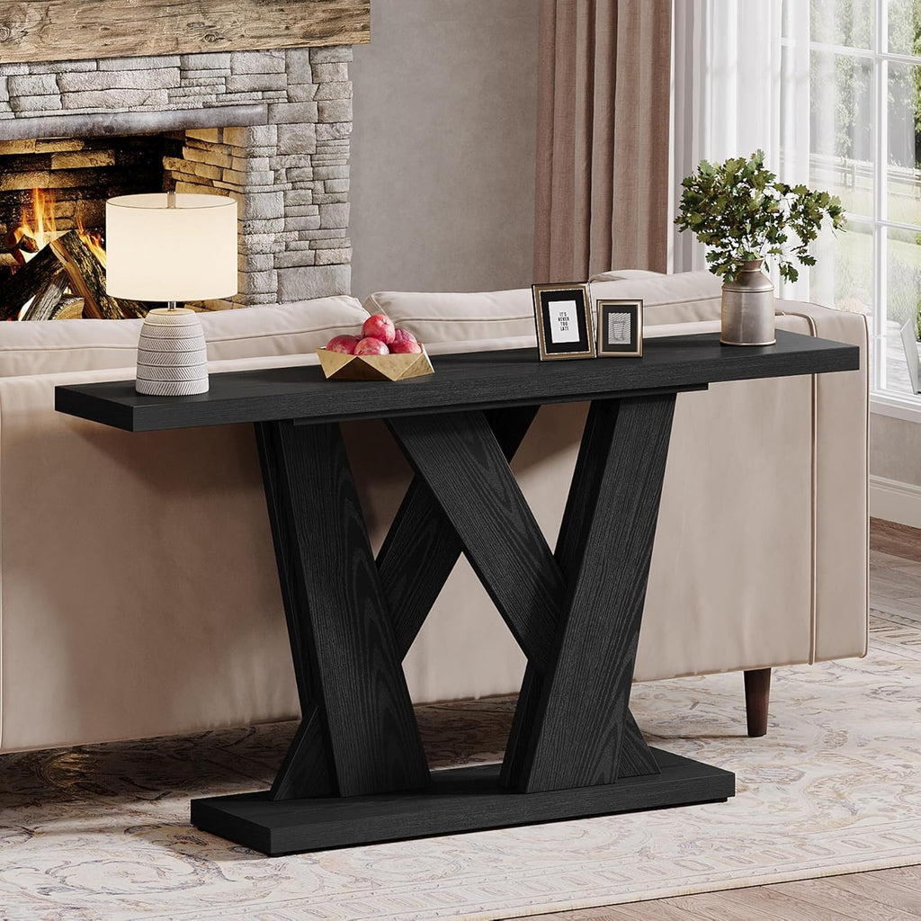 Tribesigns 55-Inch Farmhouse Console Table, Farmhouse Behind The Couch Table TV Stand with Geometric Base, Skinny Sofa Table Entryway Table for Entrance, Living Room, Hallway, Foyer, Black