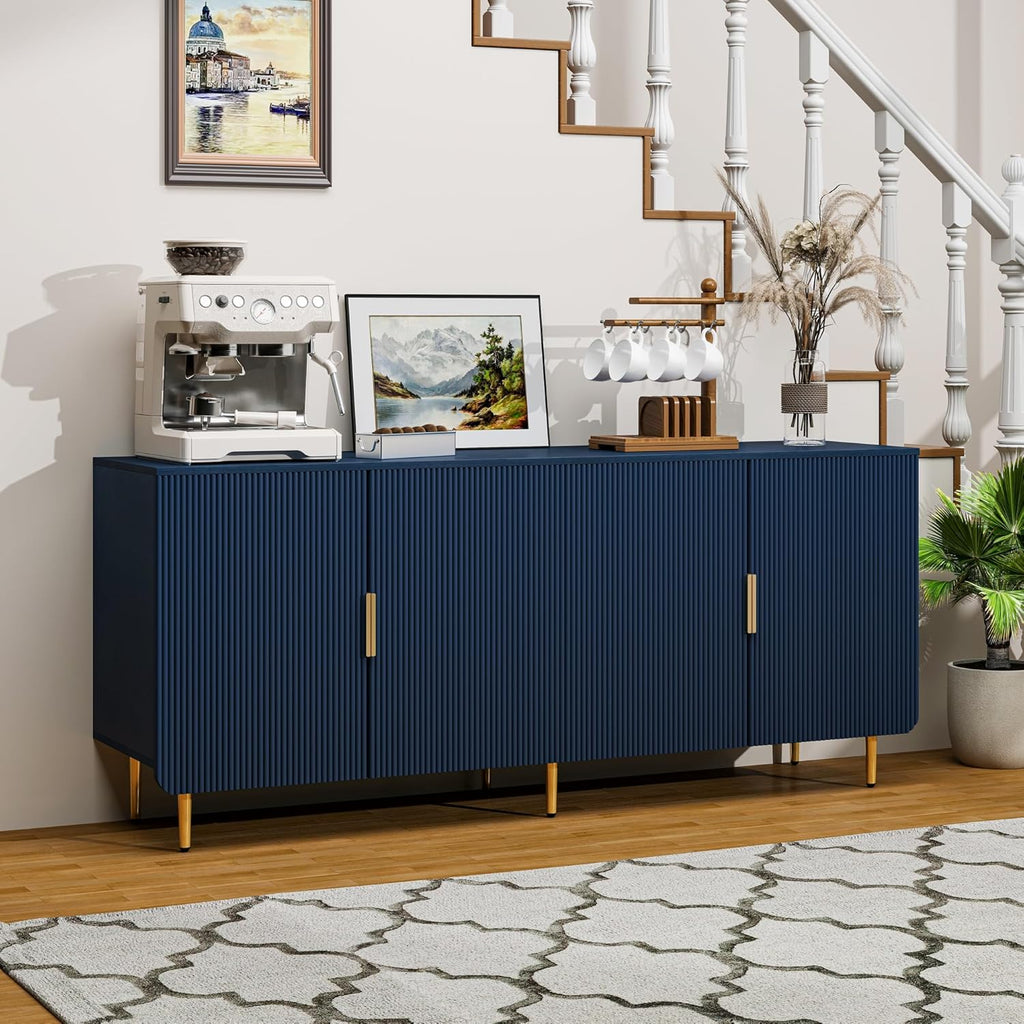 65" Fluted Sideboard Buffet Cabinet with Storage, Console Cabinet with 4 Doors & Adjustable Shelves, Modern Buffet Table for Kitchen Dining Living Room Hallway‌ Entryway, Blue