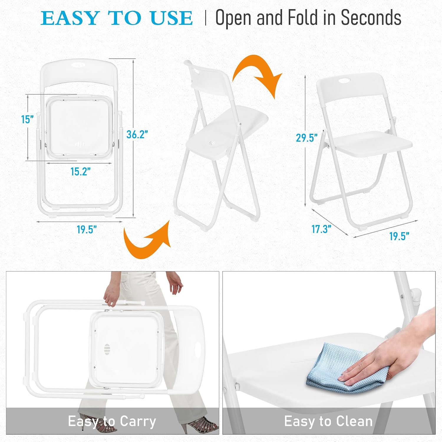 White Plastic Folding Chairs 6 Pack, Lightweight Foldable Chair with 350lbs Capacity, Metal Frame Easy to Fold & Store, Commercial Chairs for Parties Office Wedding Dinning Events